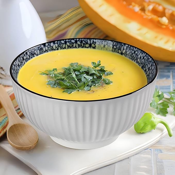 QINLANG 6 Inch Blue and White Porcelain 30 oz Bowls Set of 6 for Soup, Cereal, desserts, ice cream and Rice - Floral Pattern