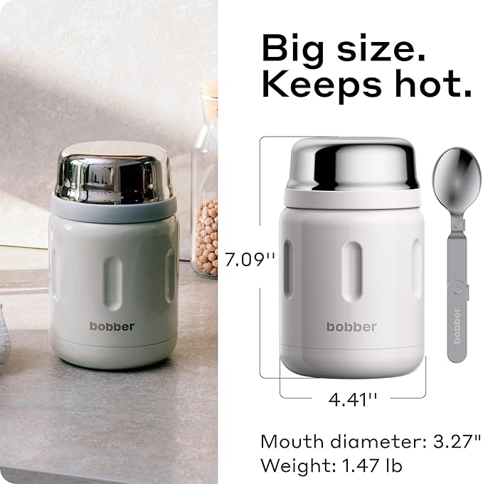 BOBBER Jerrycan - 24 Oz Insulated Stainless Steel Thermo Food Jar With Extra-Wide Mouth, Built-in Spoon and Bowl - Keeps Hot for 14 Hours and Cold for 20 Hours (Grey)