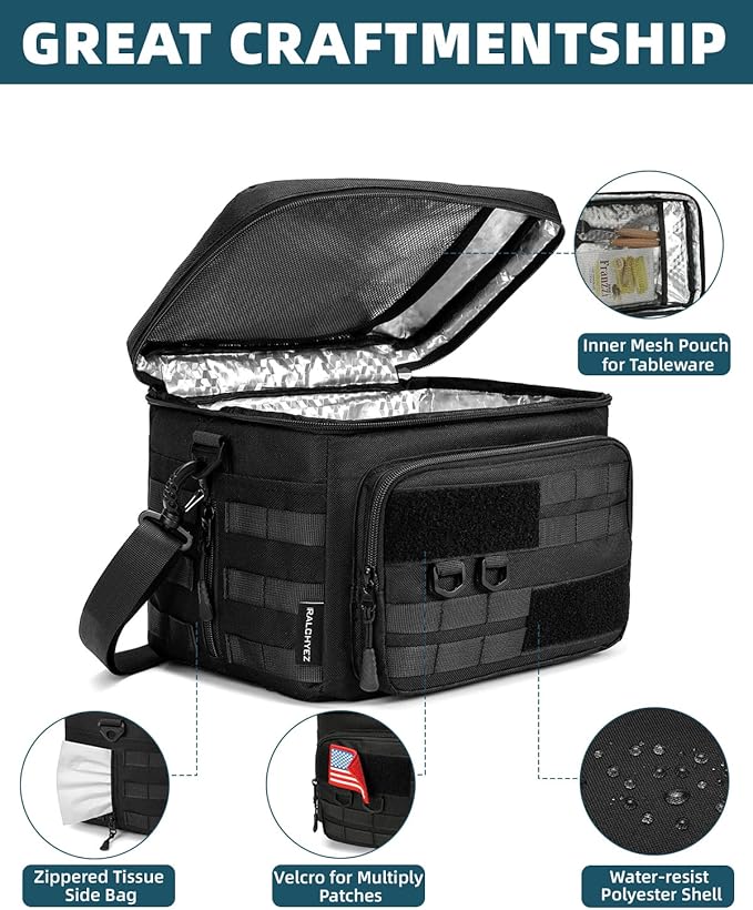 RalChyez Tactical Lunch Box, 13L Large Insulated Lunch Bag MOLLE Webbing Leakproof Thermal Cooler with Shoulder Strap Lunch Pail for Adult Men Women Office Work Camping Picnic Travel Black