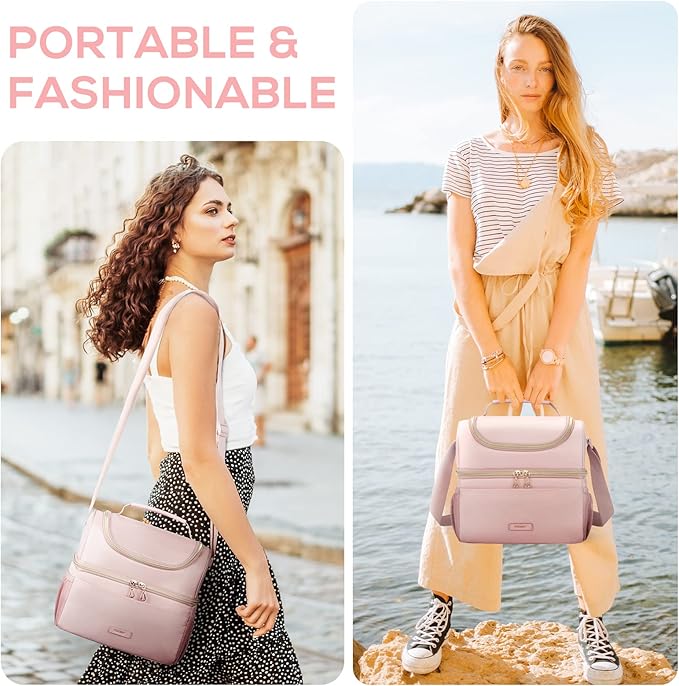 TOURIT Insulated Lunch Bag with Dual Compartment, Leakproof Cooler Tote for Work Office Picnic, Thermal Food Container Pink