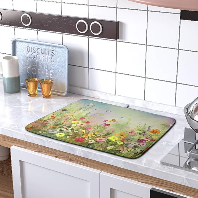 Spring Floral Dish Drying Mat for Kitchen Counter 18x24 Inch Sage Green Wild Flowers Drying Mats Spring Summer Plant Microfiber Absorbent Large Dish Rack Pad for Coffee Bar Sinks Home Accessories