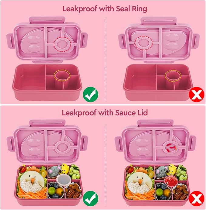 Bento Box Adult Lunch Box,Lunch Containers for Adults Kids,5-Compartment Bento Box for Kids Snack Boxes with Cutlery (Pink)