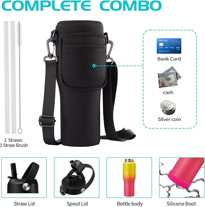 32OZ Insulated Water Bottle with Straw - Stainless Steel Water Bottle w/Carrier Pouch with Strap & Boot, Wide-Mouth Vacuum Insulated Bottle Fit in Car Bike Cup Holder