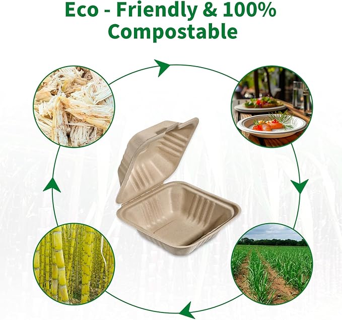 Aricsen Compostable 100 Pack 6x6 Inch Disposable Square Small Lunch Box Takeout Containers with Lid To Go Take Out Clamshell for Food, Eco-Friendly Biodegradable Bagasse, PFAS-Free, Unbleached Brown