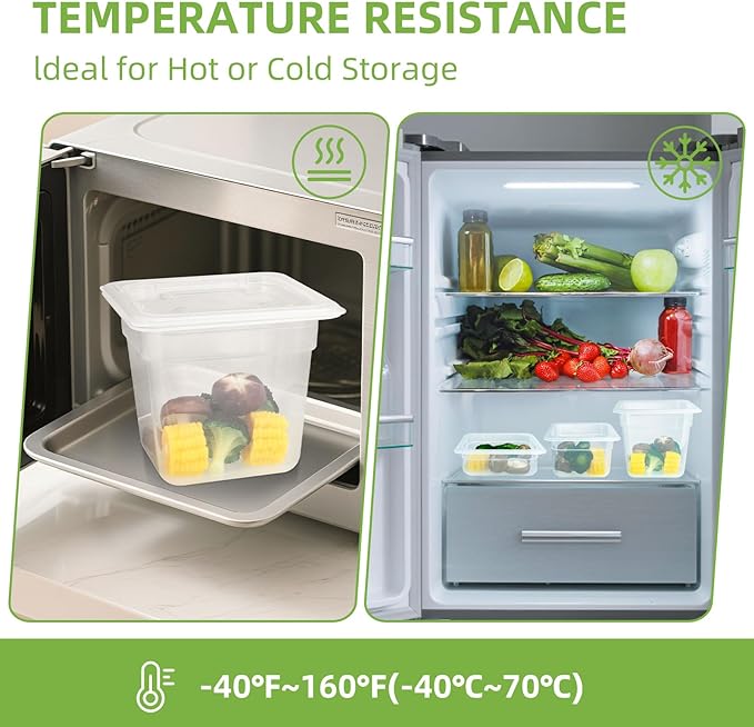 6-Pack Food Pan with Lids, 1/6 Size Food Storage Containers for homes, schools, restaurants, hotels Meal Prep, -40℉-160℉, Stackable, Freezer-Safe (1/6 size 4 inch deep, 1.53L/1.62QT)