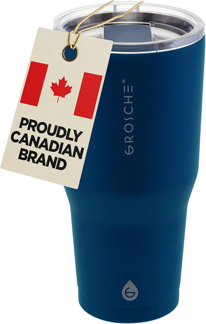GROSCHE Yukon 30 oz Insulated Coffee Mug with Lid - Durable Travel Mug, Stainless Steel Tumblers, Vacuum Insulated Coffee Tumbler for Hot or Cold Beverages - BLUE