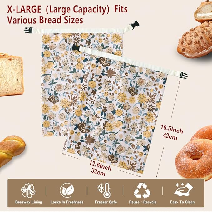 Bread Bags for Homemade bread,2 Pack Sourdough Bread Bags,Beeswax Bread Bags for Bourdough,Reusable Bread Storage