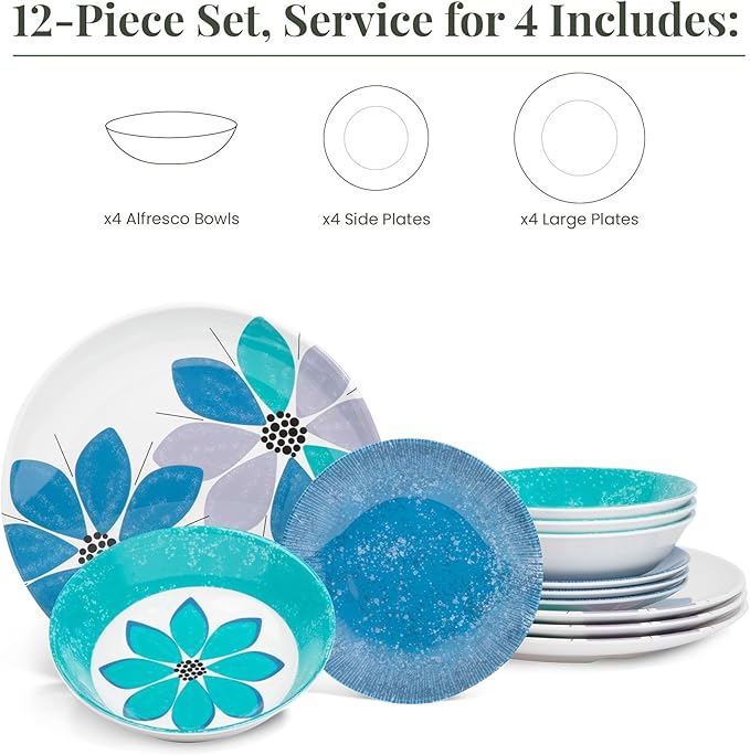 Larder & Vine 12-Piece Melamine Dinnerware Set: Durable, Lightweight, Break-Resistant Plates & Bowls – Stylish, Non-Toxic, Dishwasher Safe – Ideal for Everyday Use, Indoor & Outdoor Dining – Floral