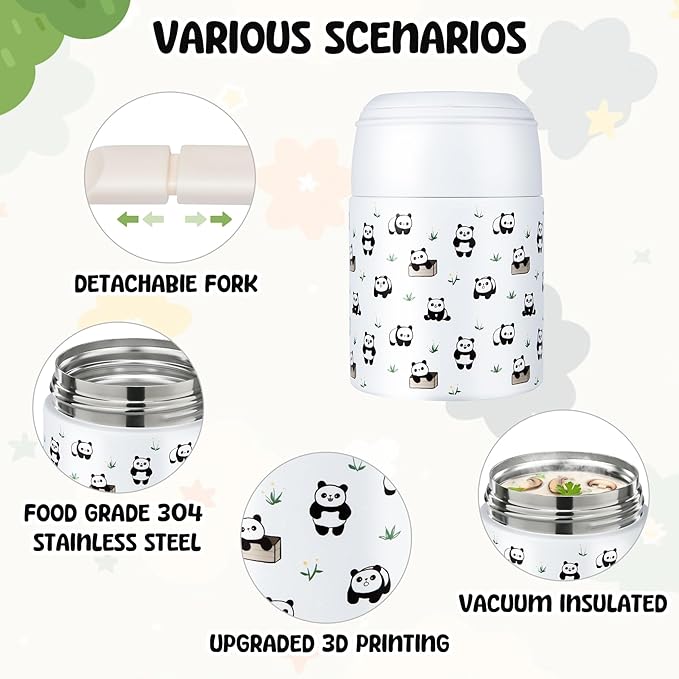 10oz Soup Thermo for Hot Food Kids Insulated Food Jar with Spoon Wide Mouth Stainless Steel Lunch Container Leak Proof Vacuum Food Box for School Travel Picnic White Panda