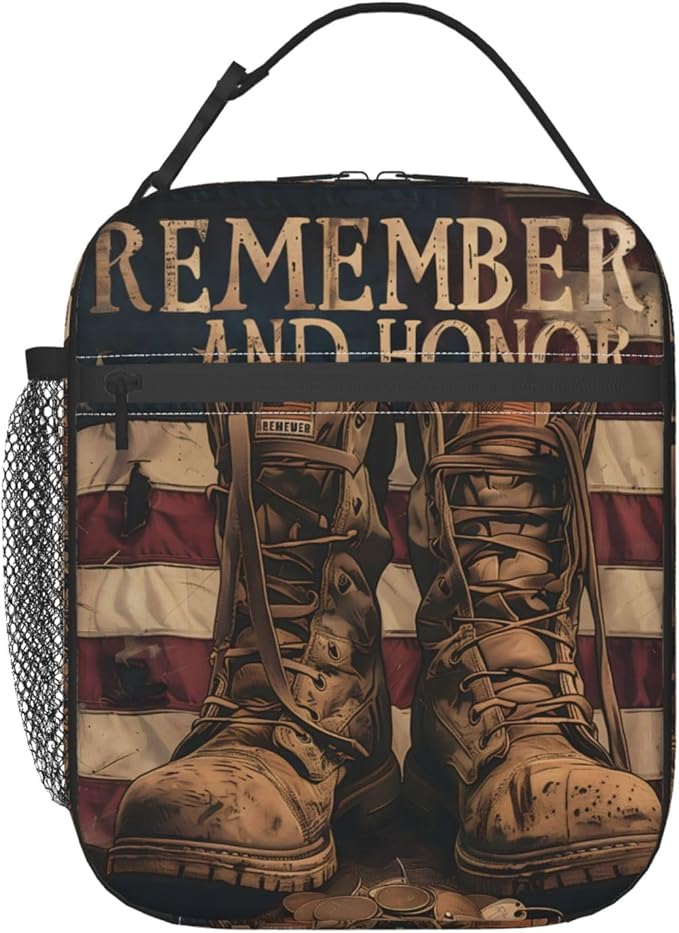 Vintage Military Boots Lunch Box for Women Men, Insulated Lunch Box, Reusable Lunch Bag for Office, Work, Picnic, Travel, American Flag Remember and Honor Military Tribute