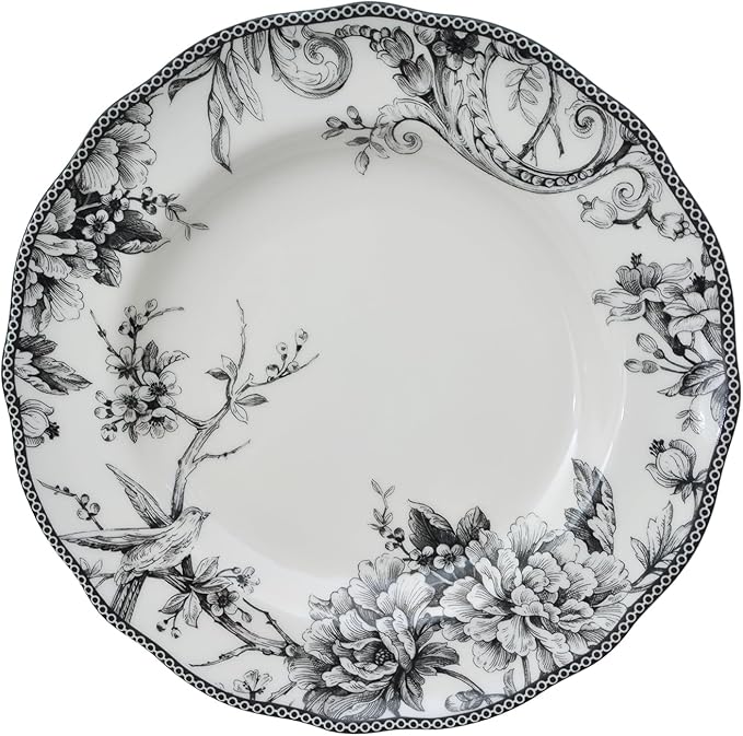 222 Fifth Adelaide 16-Piece Black Porcelain Dinnerware Set – Service for 4, Featuring Hand-Applied Romantic Woodland Bird Design, for Everyday Dining & Entertainment, Microwave & Dishwasher Safe