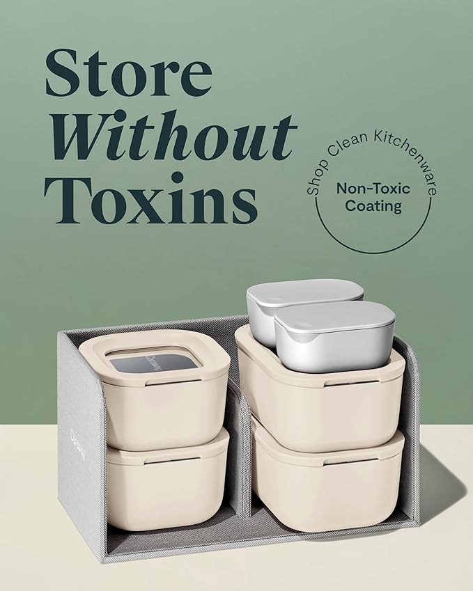 Caraway Mini Food Storage 11pc Set - Glass Storage Containers for Food - Non-Toxic Ceramic-Coated Glass - Air Release Technology - Compact & Stackable Design - Cream