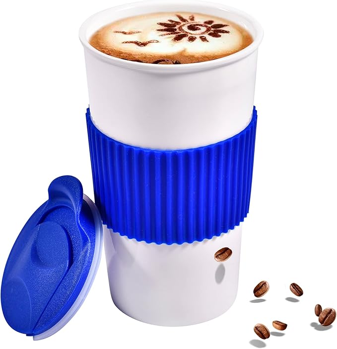 12 oz Travel Coffee Mug, Ceramic Double Wall Insulated Mug No Handle with Splash Resistant Lid & Non-Slip Silicone Sleeve, Travel Must-Have White Coffee Cup, Reusable, Gifts For Women & Men, Blue