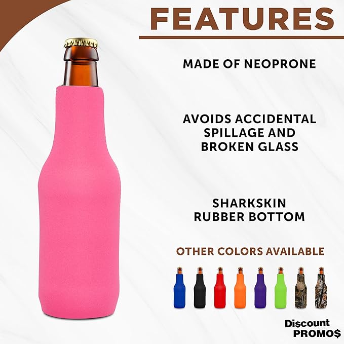 10 Neoprene Zippered Beer Bottle Coolies Pack - Sharkskin Rubber Bottom - Neon Pink