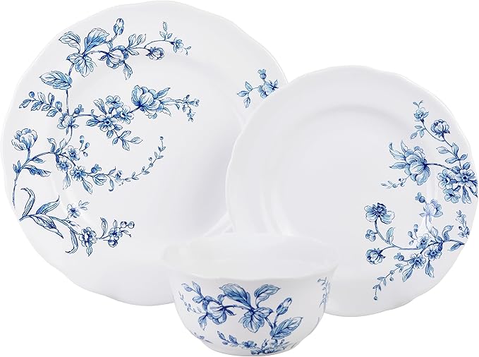 222 Fifth 12-Piece Porcelain Dinnerware Set for 4, White & Blue Plates and Bowls Set, Glossy Ceramic Dish Set with Beautiful Floral Design, Elegant Kitchen Dishes, Microwave & Dishwasher Safe, Bellamy