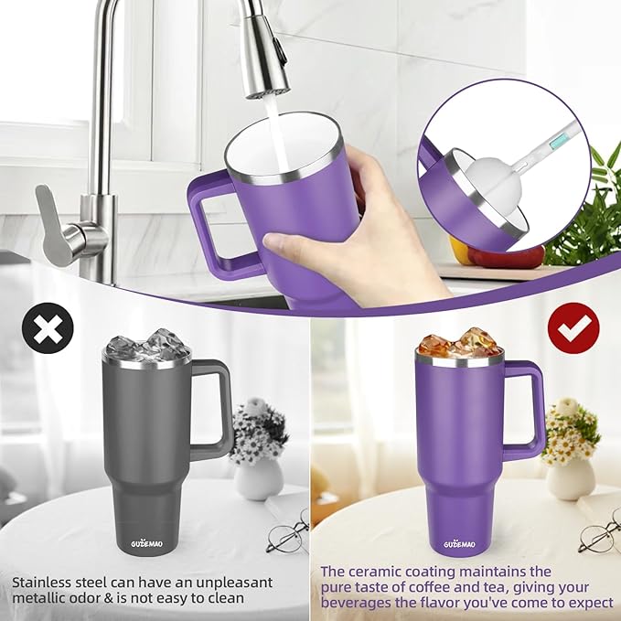 40 oz Insulated Coffee Mug with Ceramic Coating, Stainless Steel Travel Mug Tumbler with Handle Lid and Straw, Double Wall Leak-Proof Coffee Travel Mug Keeps Drink Hot and Cold (Purple)