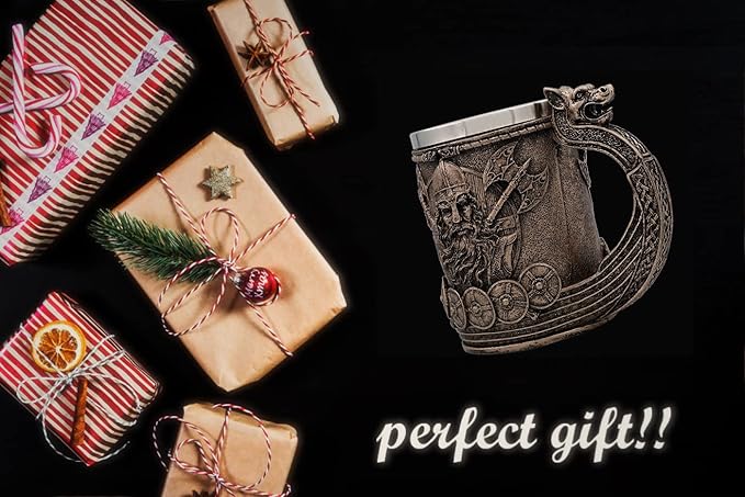 Medieval Viking Mug Beer Stein Tankard,Stainless Steel Drinking Tankard Mug Coffee Cup,Norse Mythology Poetic Gothic Decor Party Decoration Drinkware Gift for Men18OZ(Drakkar Warrior)