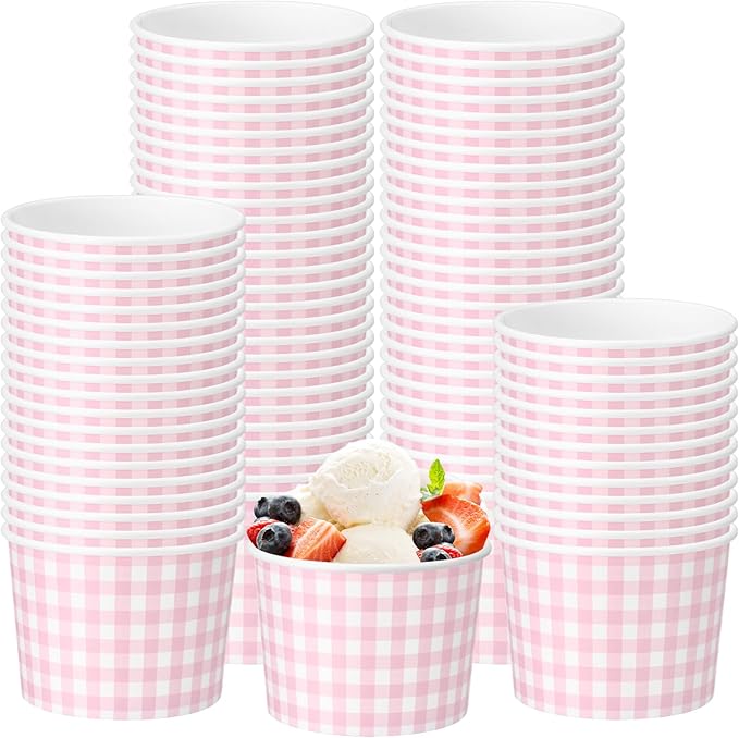 50 Pack Pink Gingham Ice Cream Cups 9 oz Pink and White Checkered Disposable Dessert Bowls Paper Soup Bowls Plaid Snack Cups for Hot or Cold Food for Baby Shower Wedding Birthday Supplies