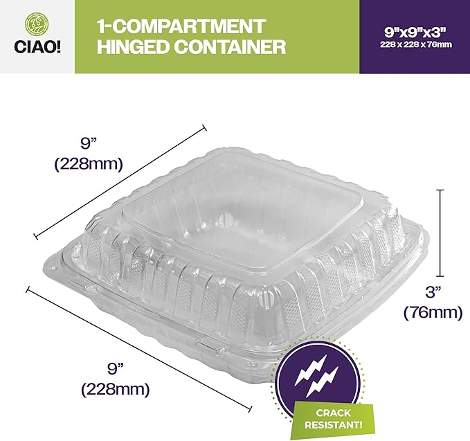 CIAO! 9"x9"x3" 1 Compartment PP Plastic Clear Hinged Container for Take Out (Case of 150)