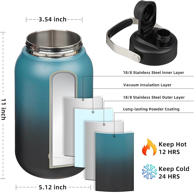 BJPKPK Half Gallon Insulated Water Bottles, 64oz Water Jug with Metal Handle & BPA Free Spout Lid, Dishwasher Safe Thermo, Large Stainless Steel Gym Sport Jugs, Blue Black