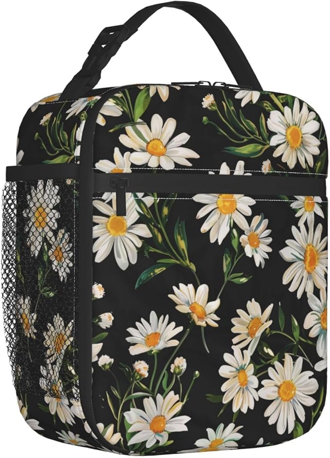 Reusable Daisy Lunch Box for Kids Girls Boys Women Adult, Insulated Floral Lunch Bag,Polyester Cooler Flower Handbags Case for School Picnic Work Travel Beach or Hiking (Black)
