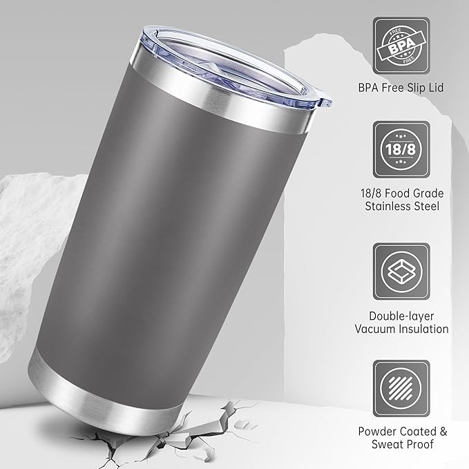 20 oz Tumblers Bulk Stainless Steel Tumbler with Lid Double Wall Vacuum Insulated Coffee Mug 20oz Powder Coated Cup for Hot and Cold Drinks, Gray, 12 pack