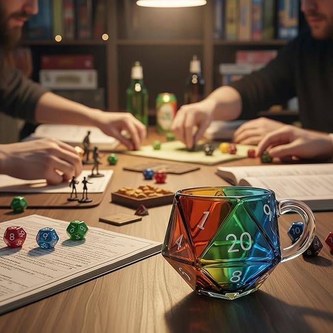 Rainbow Glass D20 Dice Mug, Polyhedral Dice Coffee Cup with Handle, Transparent Glass Game Mug for RPG Lovers, Fantasy Themed Gift for Game Night, Board Games Enthusiasts (1PC)