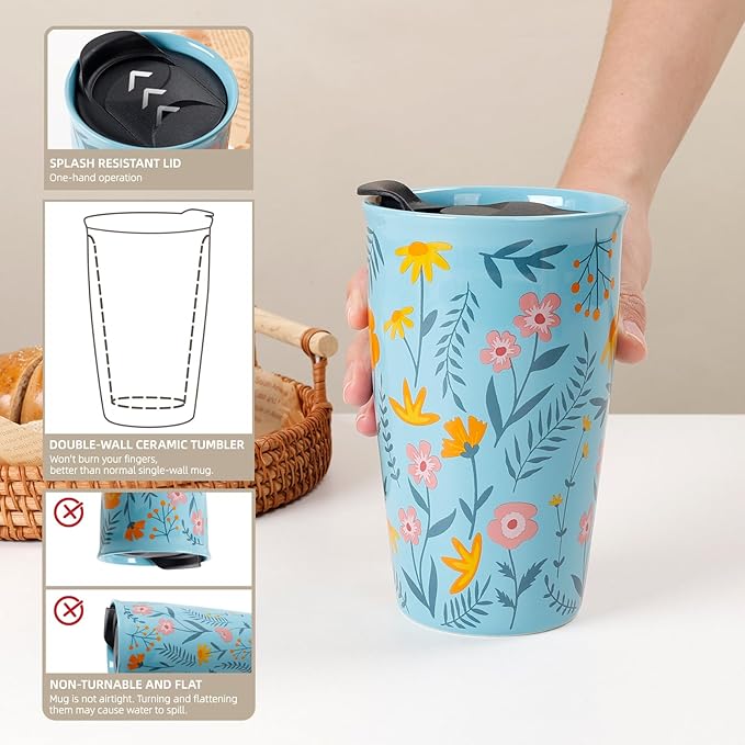 ANTIS'S HOME Ceramic Travel Coffee Mug, Double Wall Blue Floral Tumbler 9.6oz, Microwave & Dishwasher Safe, Splash-Resistant, Reusable Coffee & Tea Cup