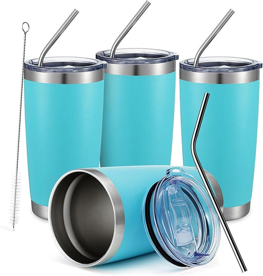 COMOOO 20oz/4Pack Double Wall Vacuum Insulated Travel Mug, Stainless Steel Tumbler with Lid, Durable Powder Coated Insulated Coffee Cup for Cold & Hot Drinks (Light Blue, 4 Pack)