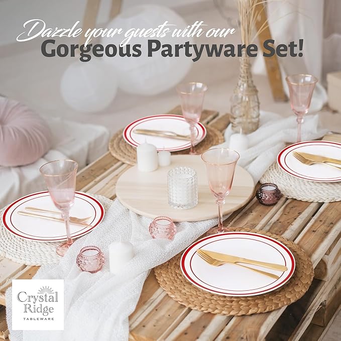 120-Piece Premium Salad Plates Set - Disposable White Plastic With Red Rim for Party and Wedding