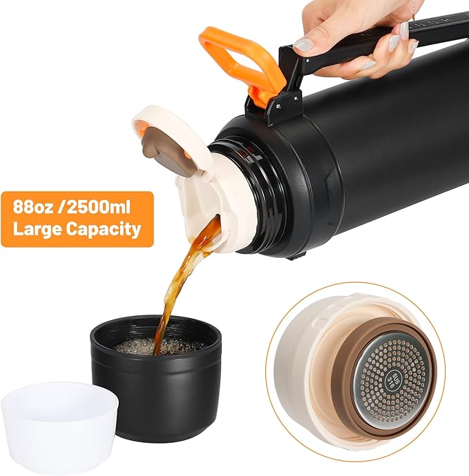 88oz Large Coffee Thermo for Travel, 2500ml Insulated Stainless Steel Water Bottle with Cup and Handle, Water Jug for 24hr Hot and Cold drinks, Vacuum Flask for Camping, Fishing & Working, Black