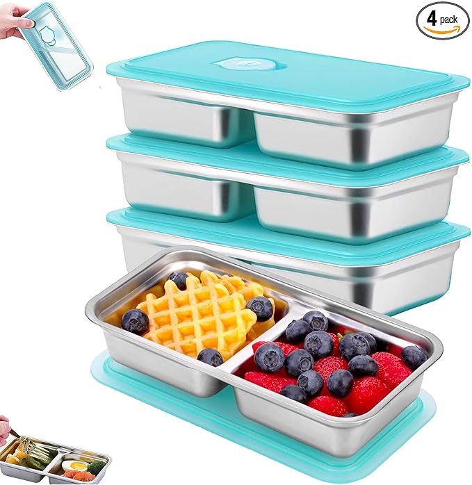 4 Pack Stainless Steel Snack Containers Reusable, Grab and Go 2 Compartment Food Storage Containers with Leakproof Lids for Snacks, Dips, Travel, Takeout & Outdoor Camping