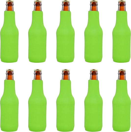 10 Neoprene Zippered Beer Bottle Coolies Pack - Sharkskin Rubber Bottom - Lime Green