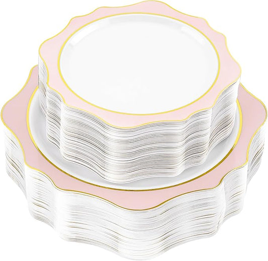 100 PCS White and Pink Disposable Plates for 50 Guests, Scalloped Plastic Plates Include 50 Dinner Plates and 50 Dessert Plates for Party, Wedding and Graduation
