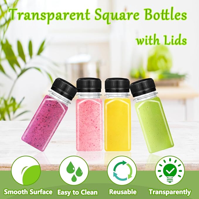 30 Pcs 2oz Plastic Juice Bottles with Caps,Reusable Clear Drink Containers,Transparent Square Bottle with Lids for Juices,Milk,Smoothies,Tea and Other Beverages(Black)