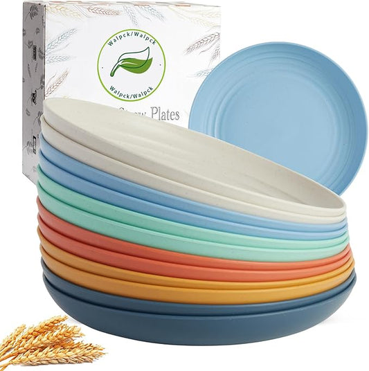 12PCS Unbreakable Dinner Plates, Dishwasher & Microwave Safe Plastic Plates Reusable, Lightweight Wheat Straw Plates for kitchen (Dopamine, 9 IN)