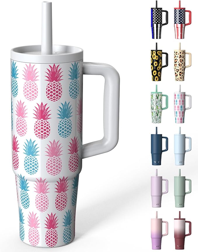 TILUCK 30 oz Tumbler with Handle, Vacuum Insulated Stainless Steel Travel Mug with 100% Leak-Proof Silicone Straw Lid, Cupholder Friendly Water Bottle(Pineapple, 30oz)