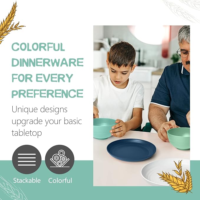 Teivio 32-Piece with Flatware Kitchen Plastic Wheat Straw Dinnerware Set, Service for 8, Dinner Plates, Dessert Plate, Cereal Bowls, Cups, Unbreakable Plastic Outdoor Camping Dishes, Ocean