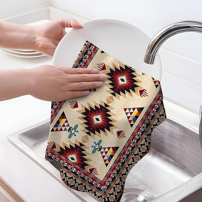 Western Aztec Boho Kitchen Towel Set of 2, Southwestern Native American Decorative Dish Towels Absorbent Red Vintage Hand Drying Cloth Holiday Housewarming Gifts Aztec Kitchen Decor 16"x24"