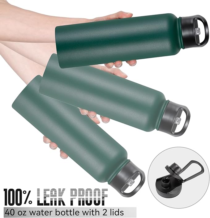 40 oz Insulated Water Bottle with Straw, Stainless Steel Sports Water Bottles with 2 Lids (Straw and Wide Mouth lid), Double Wall Vacuum, Leakproof, BPA-Free, Dark Green