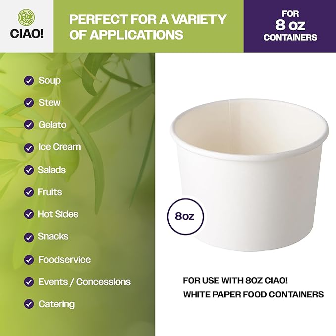 CIAO! 90mm Diameter PP Lid, Designed and Fit BRAND 8oz Paper Food Container (1000/case)