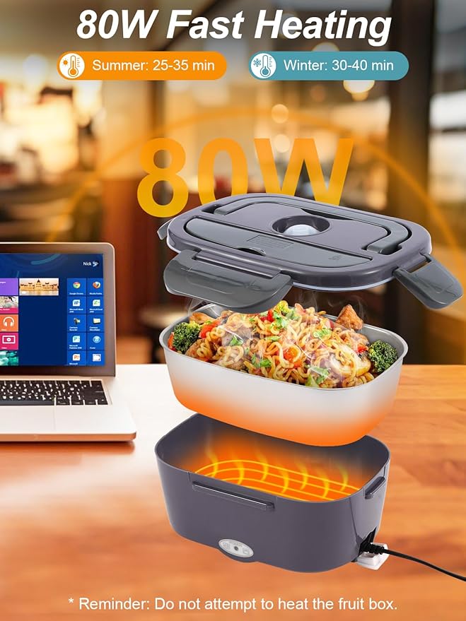80W Electric Lunch Box for Adults, Portable Heated Lunch Box for Men, 1.5L Food Warmer Lunchbox for Car/Truck/Office, 12V/24V/110V Leak-Proof, Dishwasher-Safe with Insulated Bag(Purple Grey)