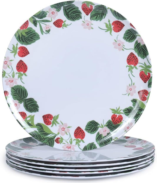 6-Pack Melamine Dinner Plates - 10 Inch Lightweight, Durable & Unbreakable Round Plates for Indoor/Outdoor Use - Strawberry