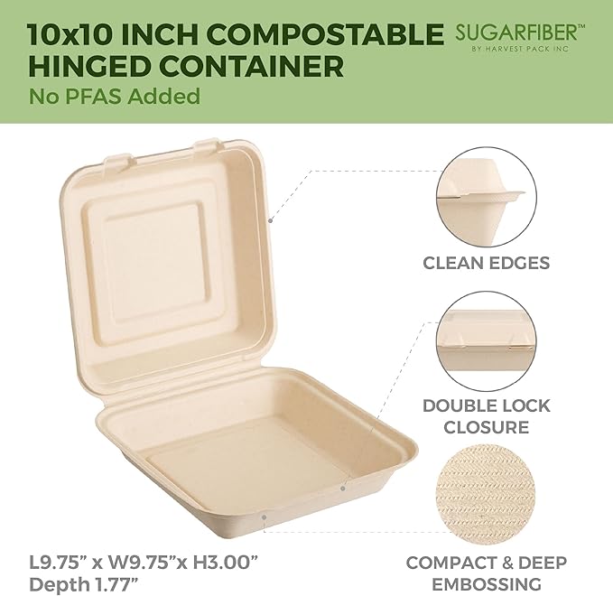 [200 COUNT]Sugarfiber by Harvest Pack PFAS FREE 10 X 10" Compostable Clamshell Food Containers, Heavy-Duty Hinged Container, Disposable Bagasse Eco-Friendly Natural Takeout to go Box