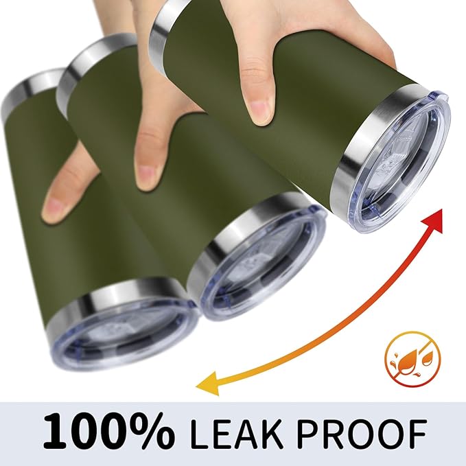 20oz Stainless Steel Tumbler Bulk with Lid, Travel Mug - Double Wall Vacuum Powder Coated Cup - Army Green, 6 Pack