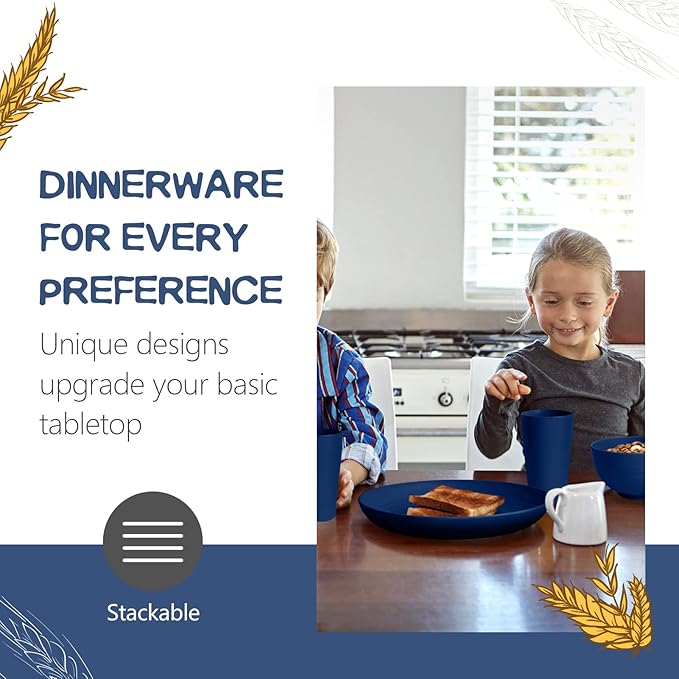 Teivio 32-Piece Kitchen Plastic Wheat Straw Dinnerware Set, Service for 8, Dinner Plates, Dessert Plate, Cereal Bowls, Cups, Unbreakable Colorful Plastic Outdoor Camping Dishes, Midnight Blue