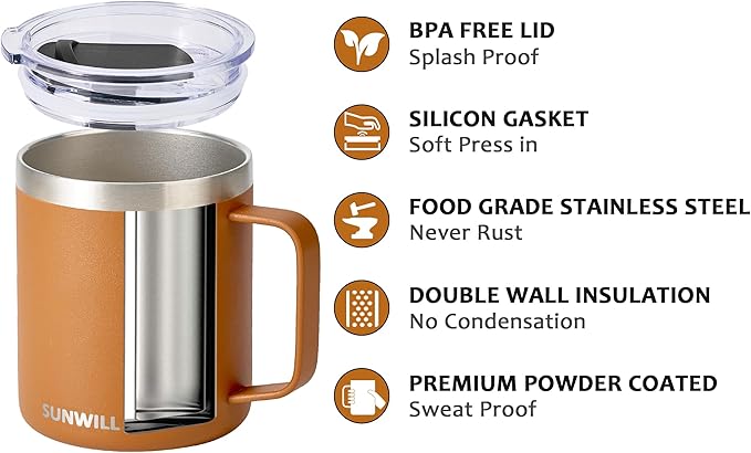 SUNWILL Travel Coffee Mug with Lid, Insulated Tumbler Set of 2, Stainless Steel Cup 14 oz for Camping, Outdoor, Gifts, Powder Coated Olive & Caramel
