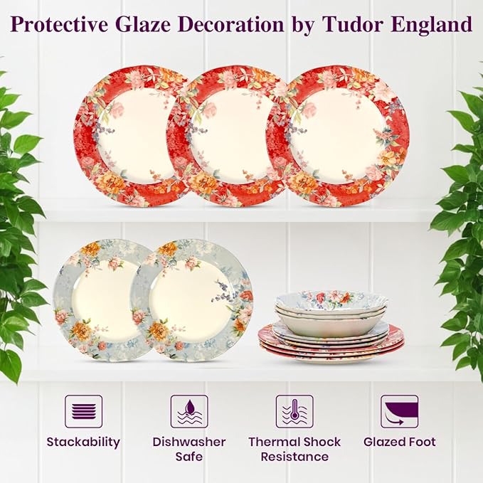 TUDOR Royal Collection 12-Piece Round Porcelain Dinnerware Set, Service for 4 with Dinner Plates, Bowls, and Salad Plates, Crimson Summer Floral Unique Design, Gloss Finish, Durable & Premium Quality