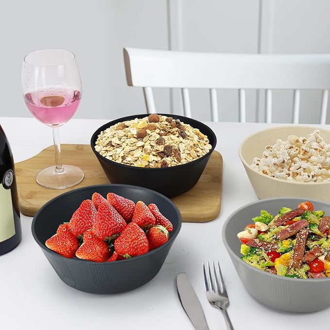 PYRMONT 36 OZ Cereal Bowls - Wheat Straw Sets of 8 Reusable Unbreakable Plastic for Soup, Salad, Rice, Noodles - Microwave & Dishwasher Safe - Black to Grey