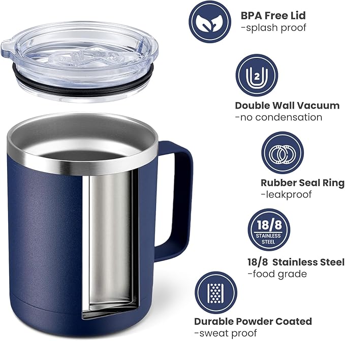 MEWAY 12oz Coffee Mug With Handle 8 Pack Bulk,Stainless Steel Insulated Travel Tumblers With Sliding Lid,Double Wall Vacuum Camping Cup for Hot & Cold Drinks Tea (Navy, 8)